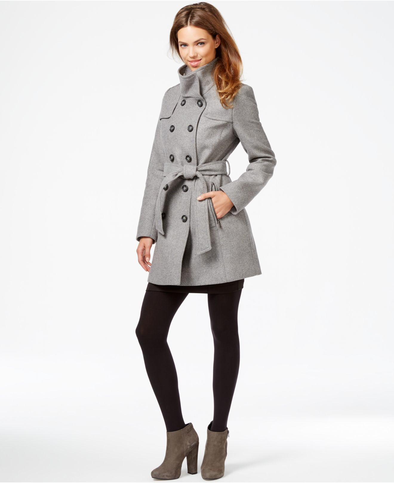 Artka Womens Double-Breasted Wool Blend Belted Long Pea Coat With Lantern Sleeve 