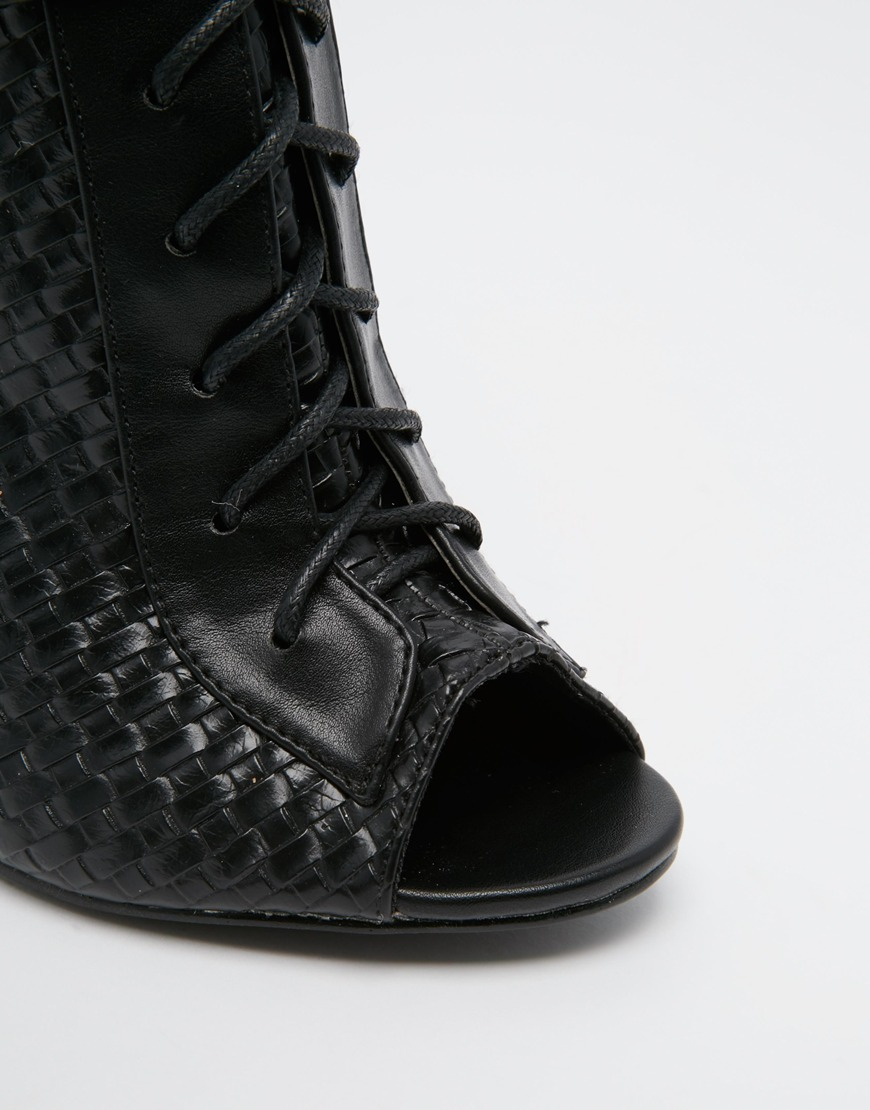 Daisy Street Black Lace Up Peep Toe Shoe Boots | Lyst