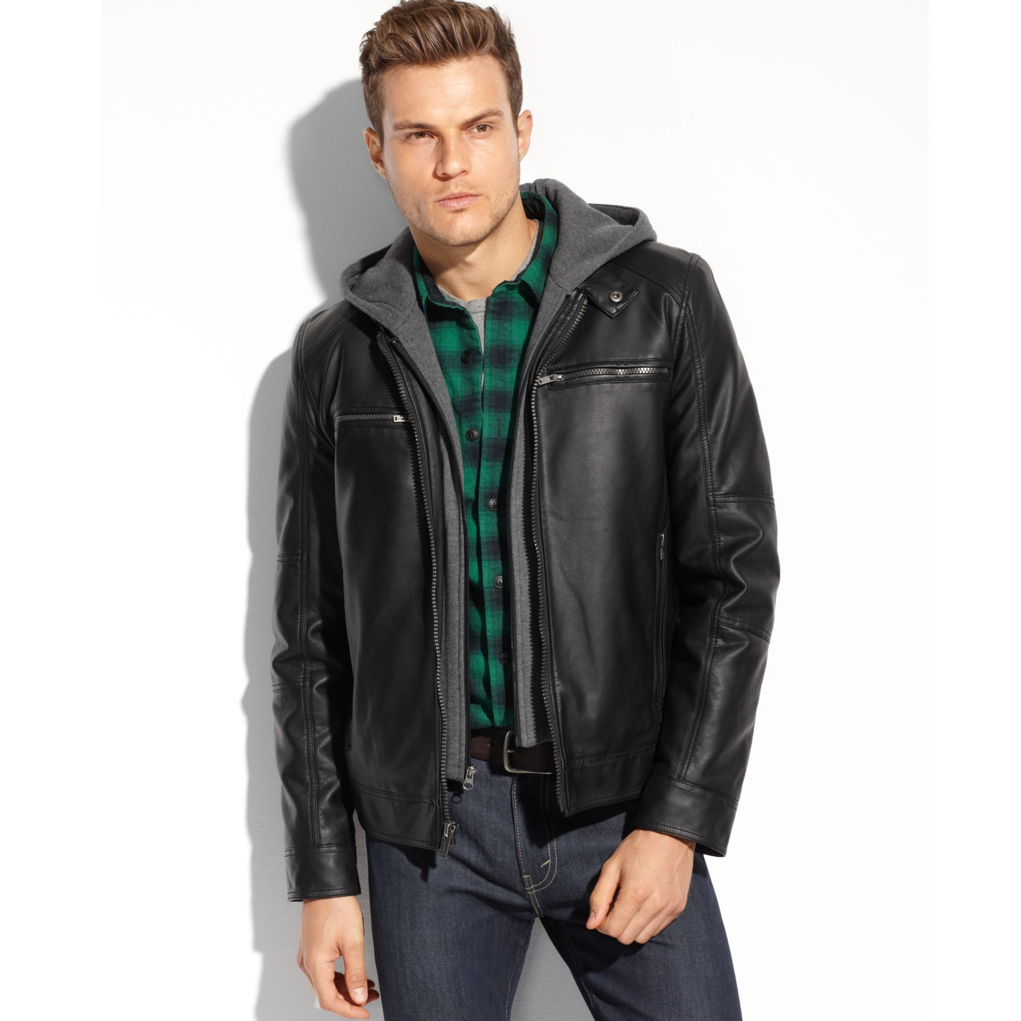 Guess Faux Leather Hooded Moto Jacket In Gray For Men Black Lyst 1638