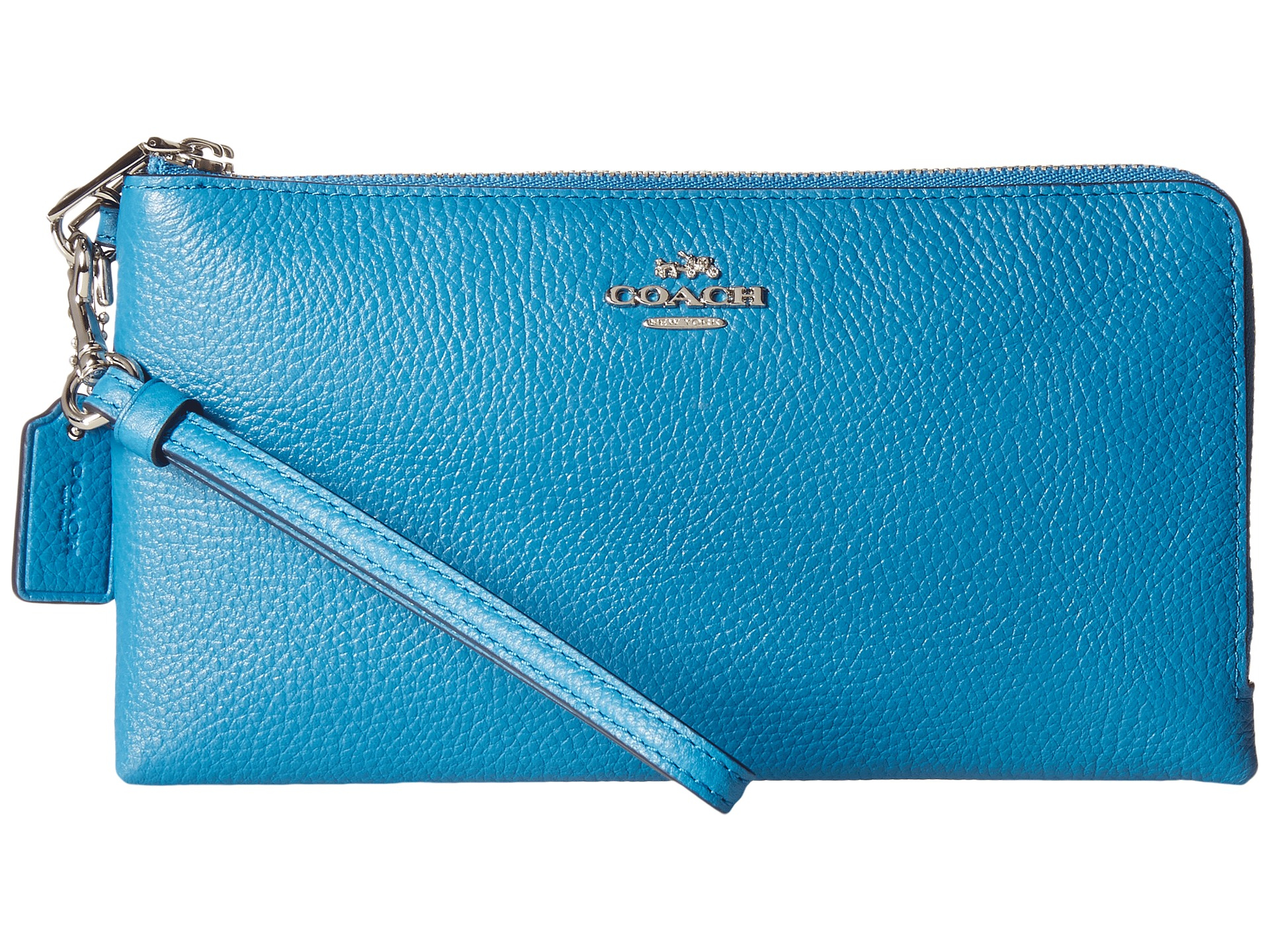 COACH Polished Pebbled Leather Double Zip Wallet in Blue | Lyst