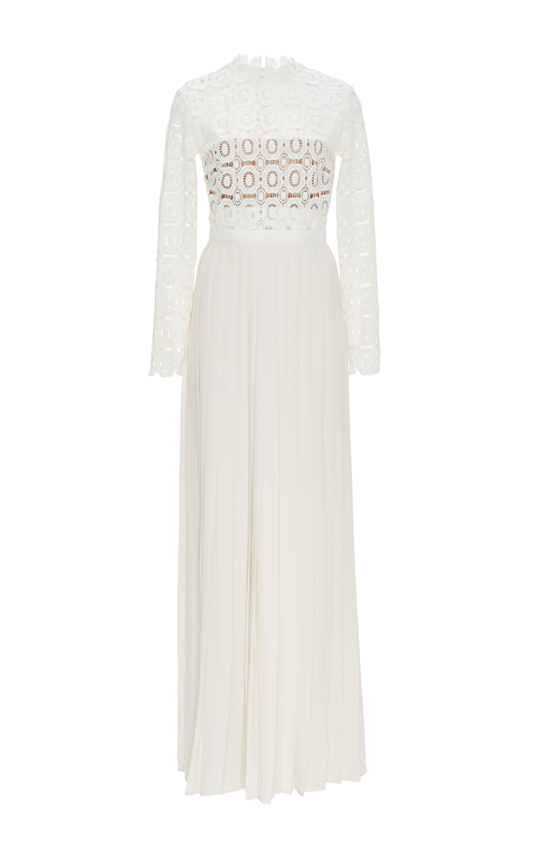 SelfPortrait Cotton Pleated Crochet Maxi Dress With Floral Bodice in White Lyst