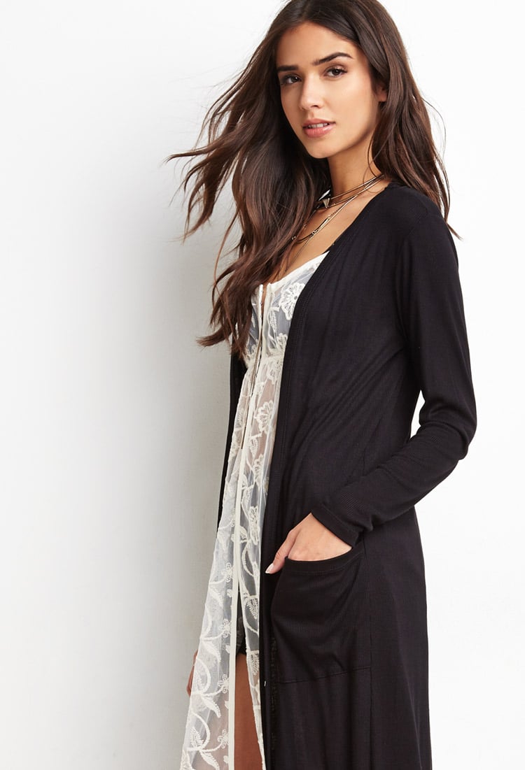 Forever 21 Ribbed Knit Longline Cardigan in Black | Lyst