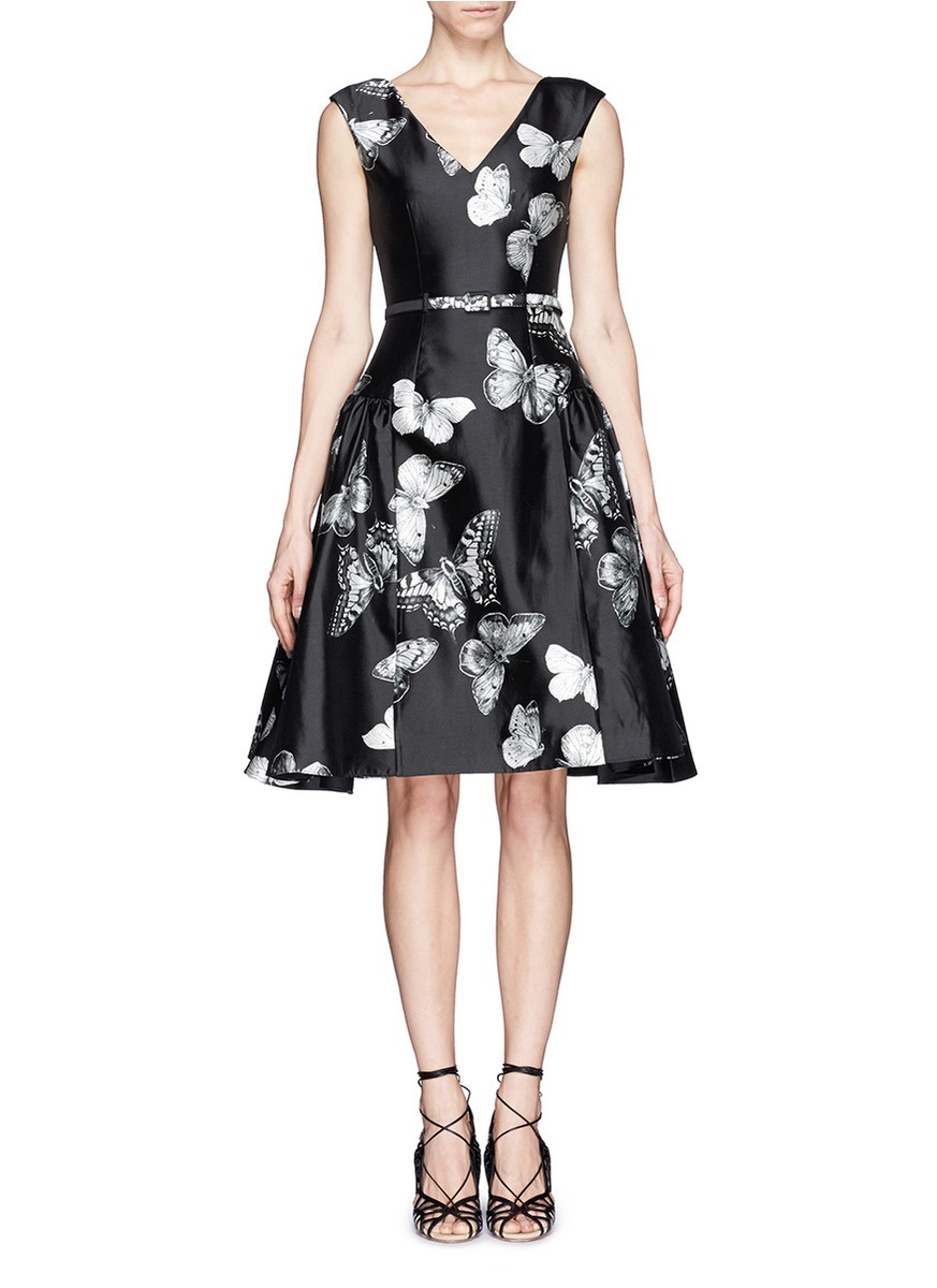 sateen butterfly print fit and flare dress