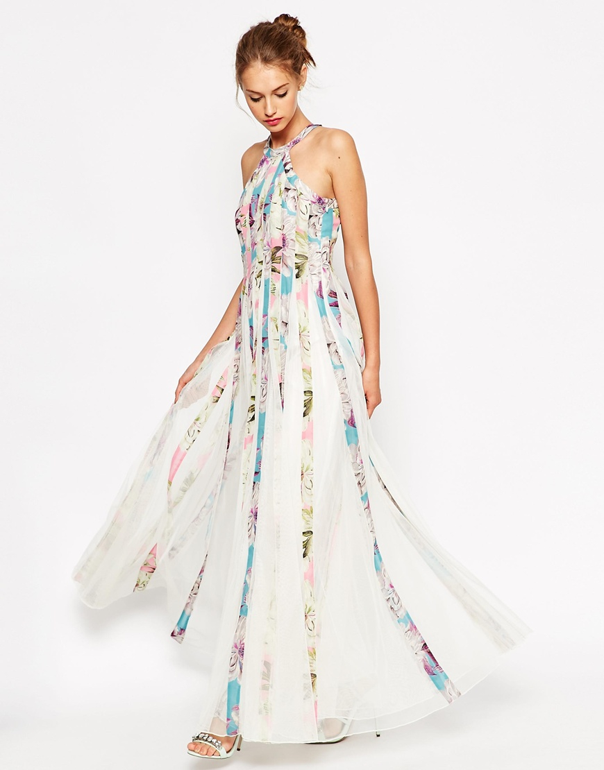 lyst asos mesh fit and flare maxi dress in floral print lyst asos mesh fit and flare maxi dress in floral print