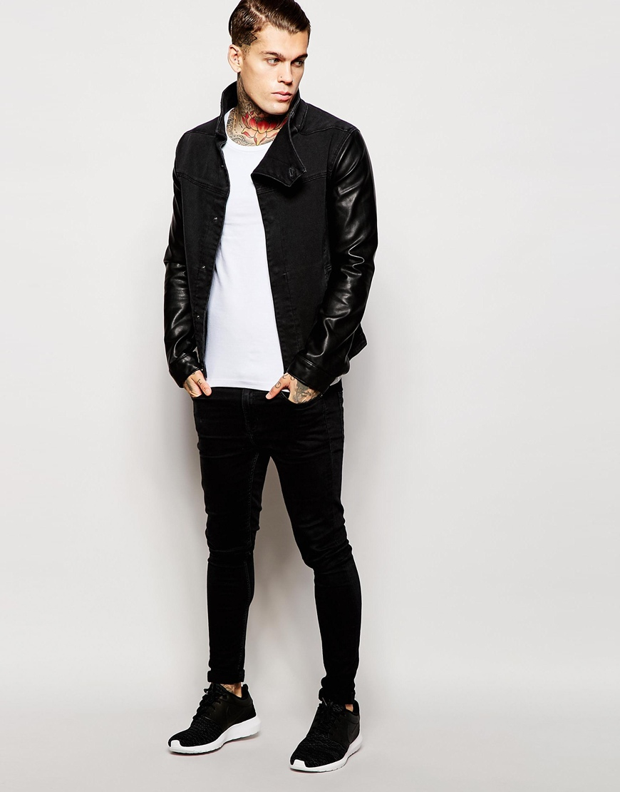 ASOS Denim Jacket With Faux Leather Sleeves in Black for Men - Lyst