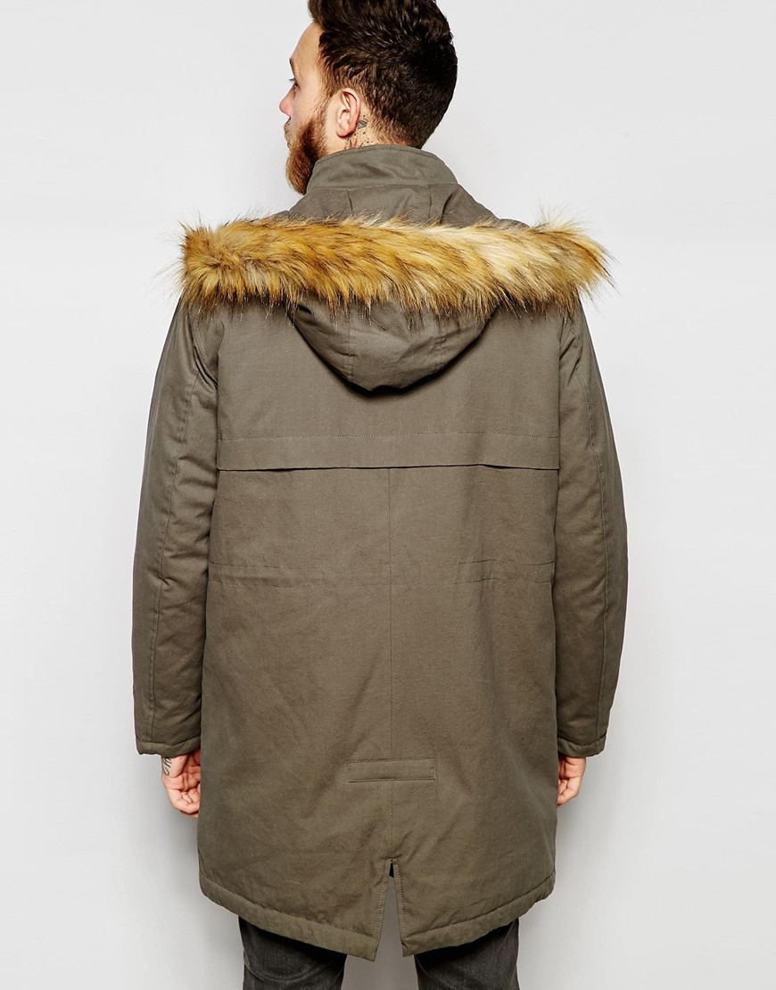 ASOS Cotton Faux Fur Lined Parka Jacket In Khaki in Green for Men Lyst