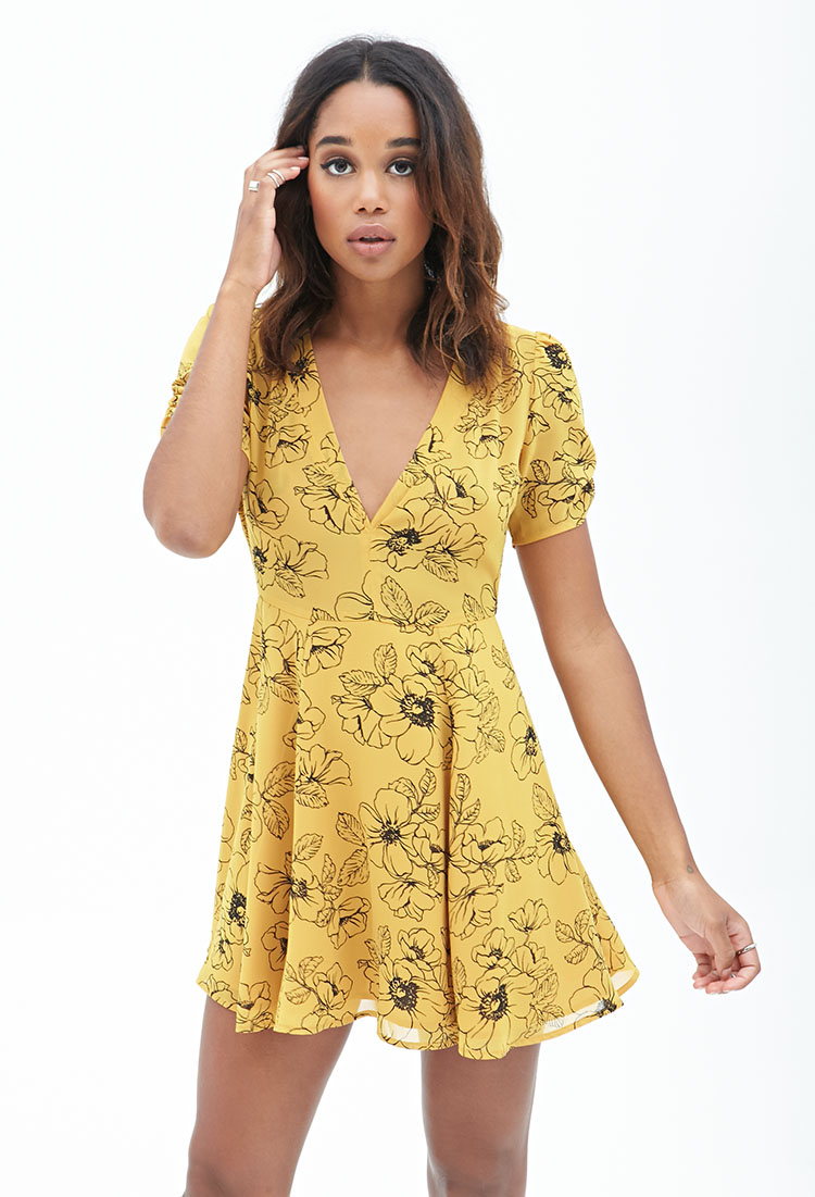 Forever 21 Floral Fit & Flare Dress in Yellow | Lyst