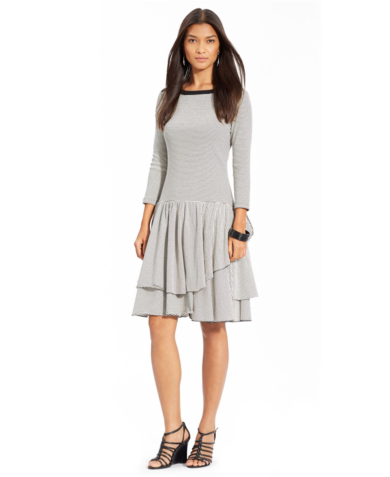 Lauren by ralph lauren Petite French Terry Tiered Dress in Natural | Lyst