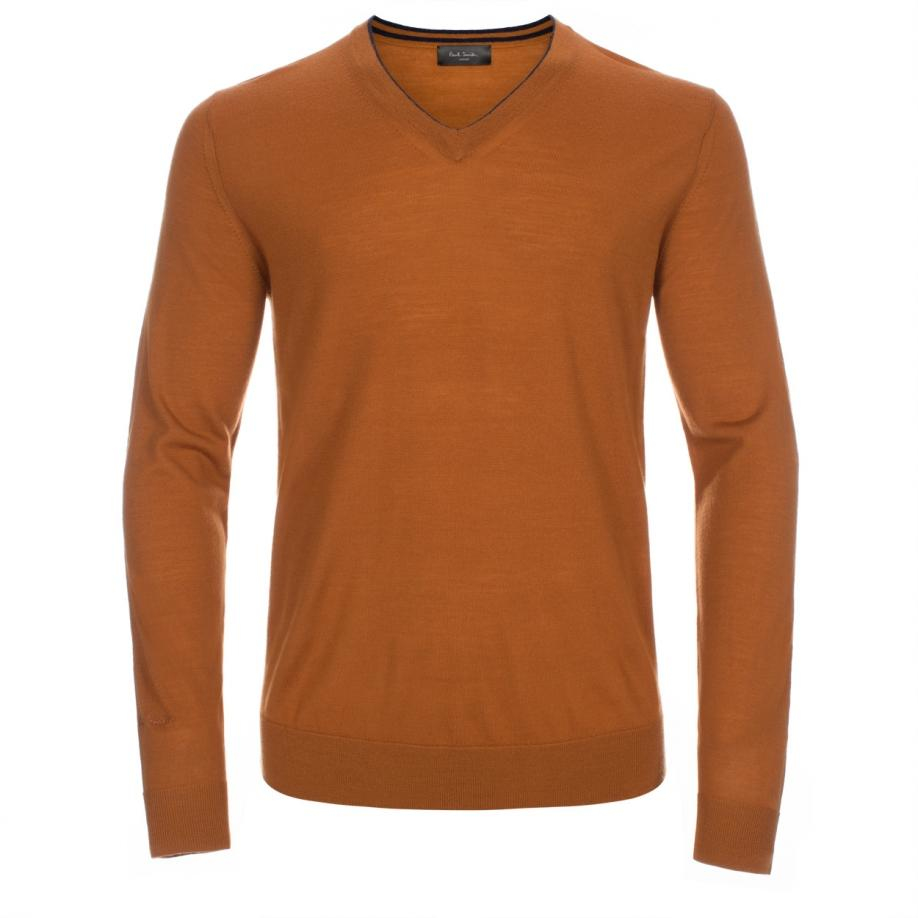 Burnt Orange Merino Wool V-neck Sweater 