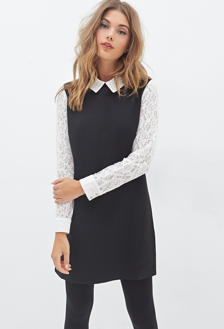 Forever 21 Lace Collar Shift Dress in Black | Lyst