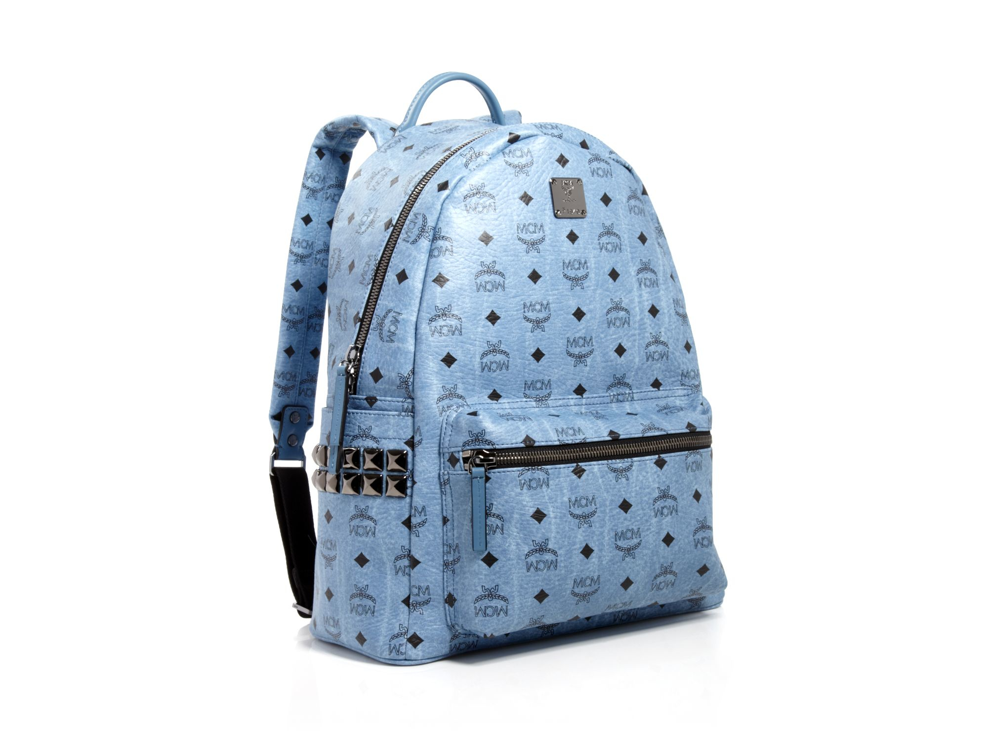 mcm blue studded backpack