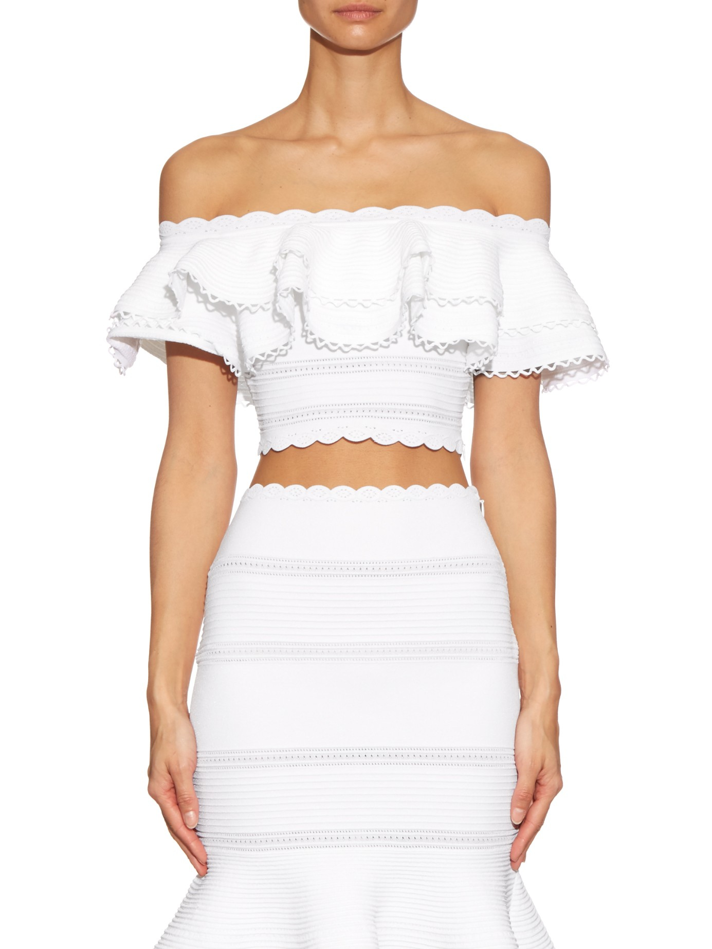White ruffle top off shoulder top