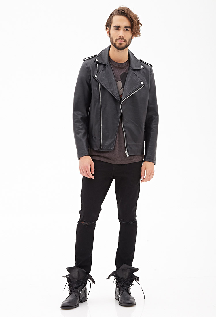Lyst Forever 21 Faux Leather Moto Jacket In Black For Men Gallery