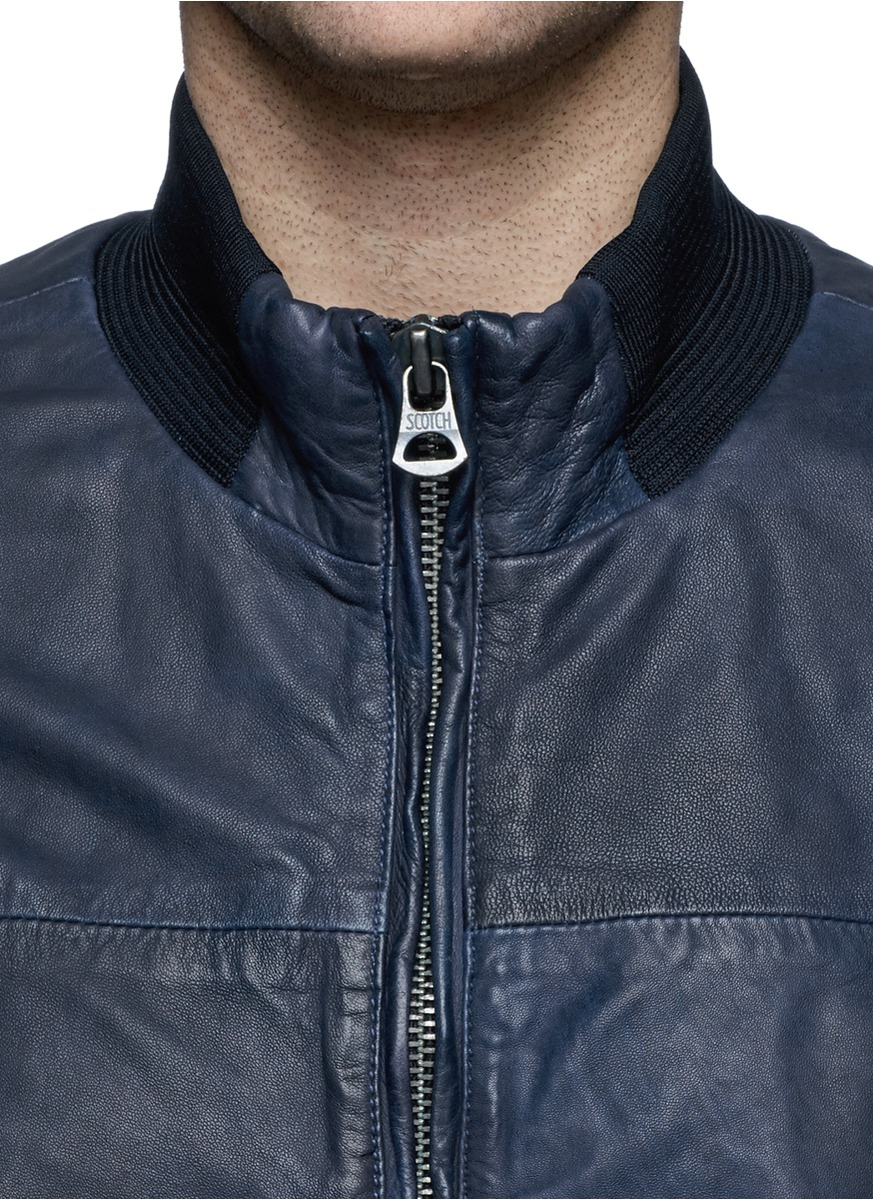 Scotch Soda Leather Er Jacket In Blue For Men Lyst