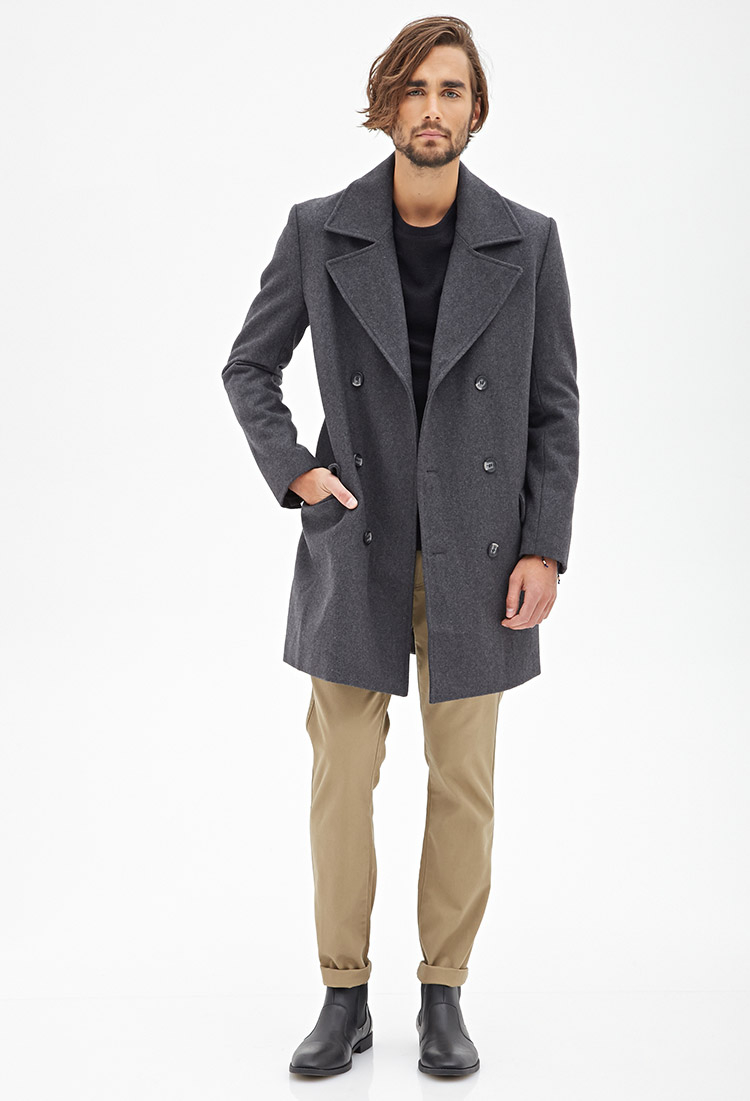 Forever 21 Heathered Wool Blend Peacoat In Gray For Men Lyst Burberry London Carlson Wool Cashmere Beatles Coat In Gray For Men