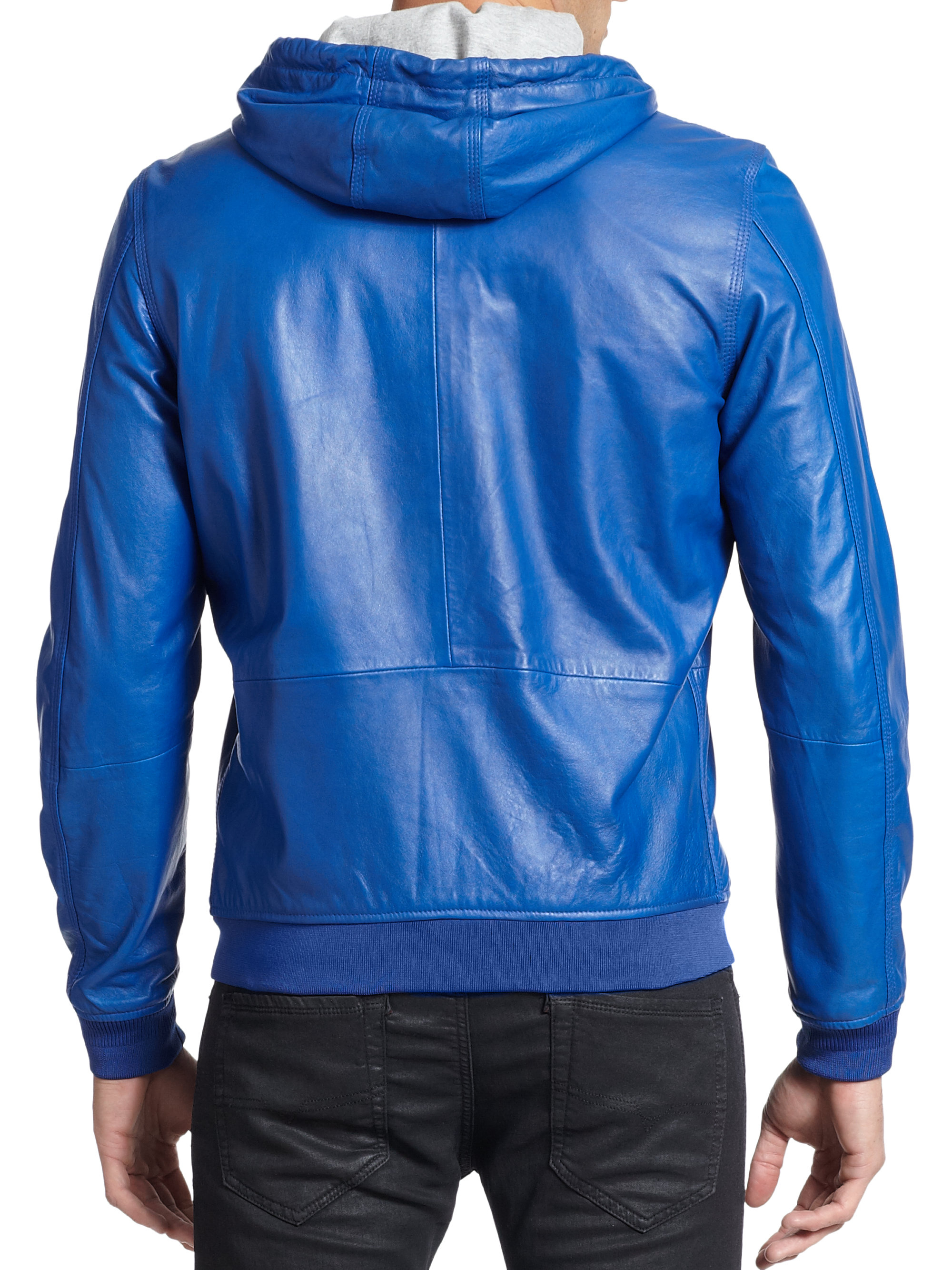 blue hooded leather jacket