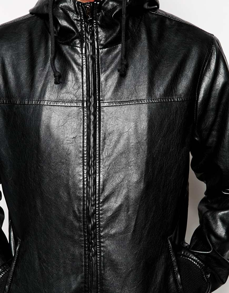 Solid Solid Faux Leather Hooded Jacket in Black for Men - Lyst
