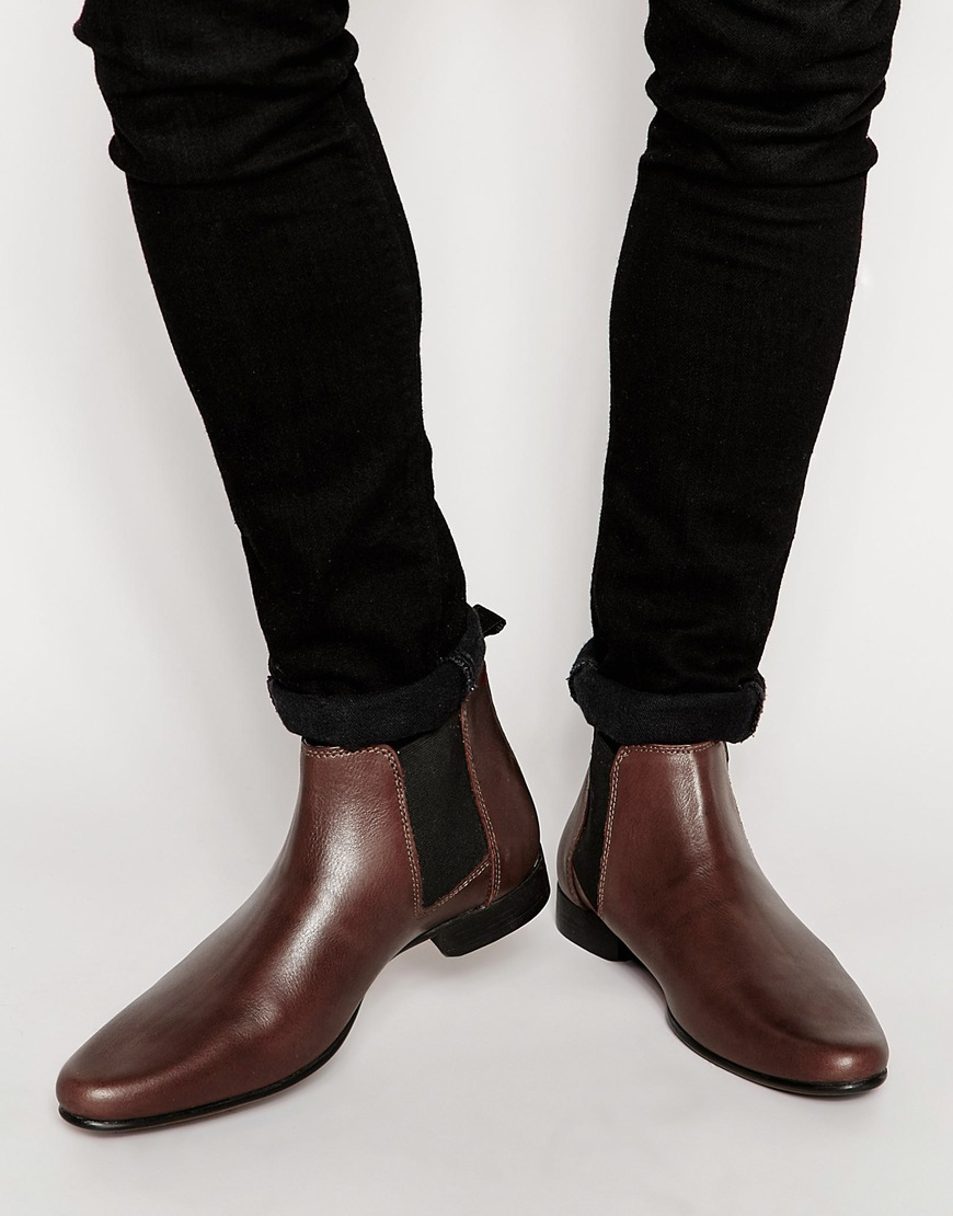 Lyst - Asos Chelsea Boots In Burgundy Leather With Back Pull in Purple ...