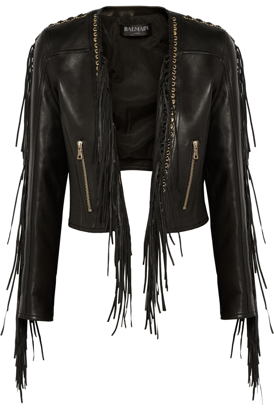 Lyst Balmain Fringed Leather Biker Jacket in Black