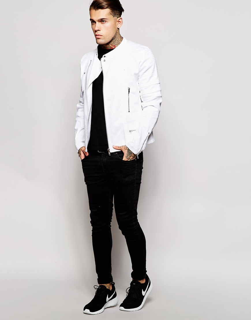 ASOS Denim Biker Jacket in White for Men | Lyst