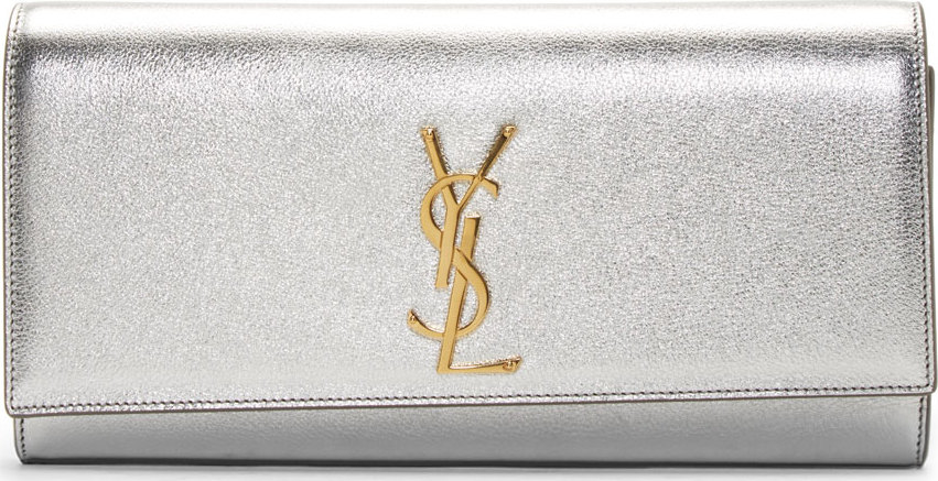 Saint Laurent Silver Metallic Leather Monogramme Clutch | Lyst