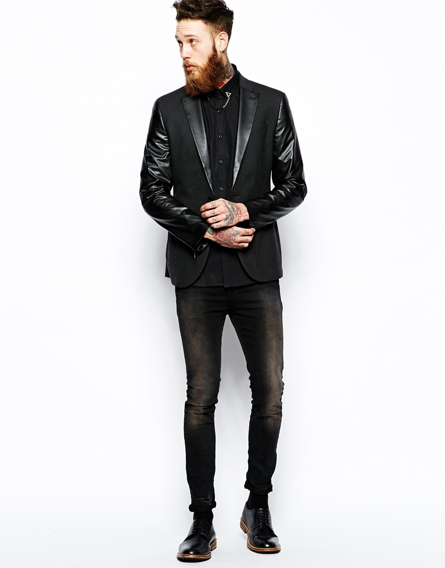 Asos Slim Fit Blazer With Faux Leather Trim And Zips in Black for ...