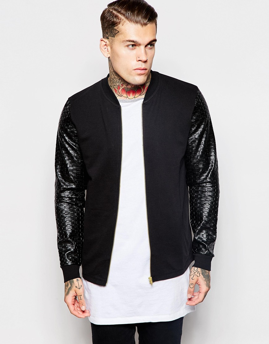 Asos Black Er Jacket In Jersey With Gold Zips And Faux Leather Sleeves For Men