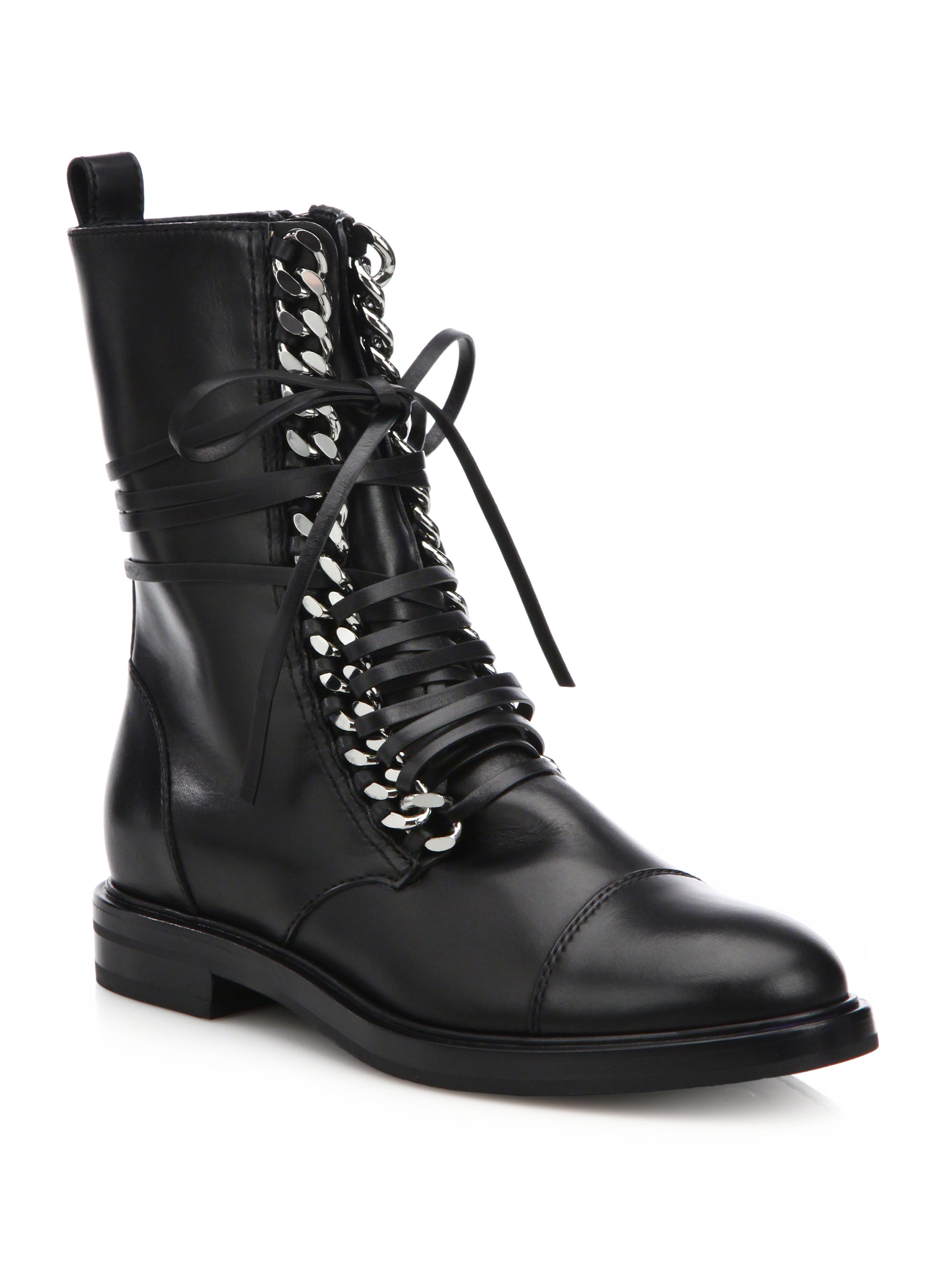 Casadei Curb Chain Lace-up Leather Combat Boots in Black - Lyst
