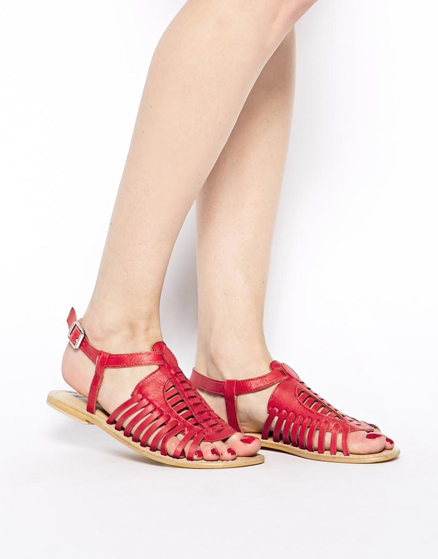 Lyst - Asos Fidget Leather Flat Sandals in Red