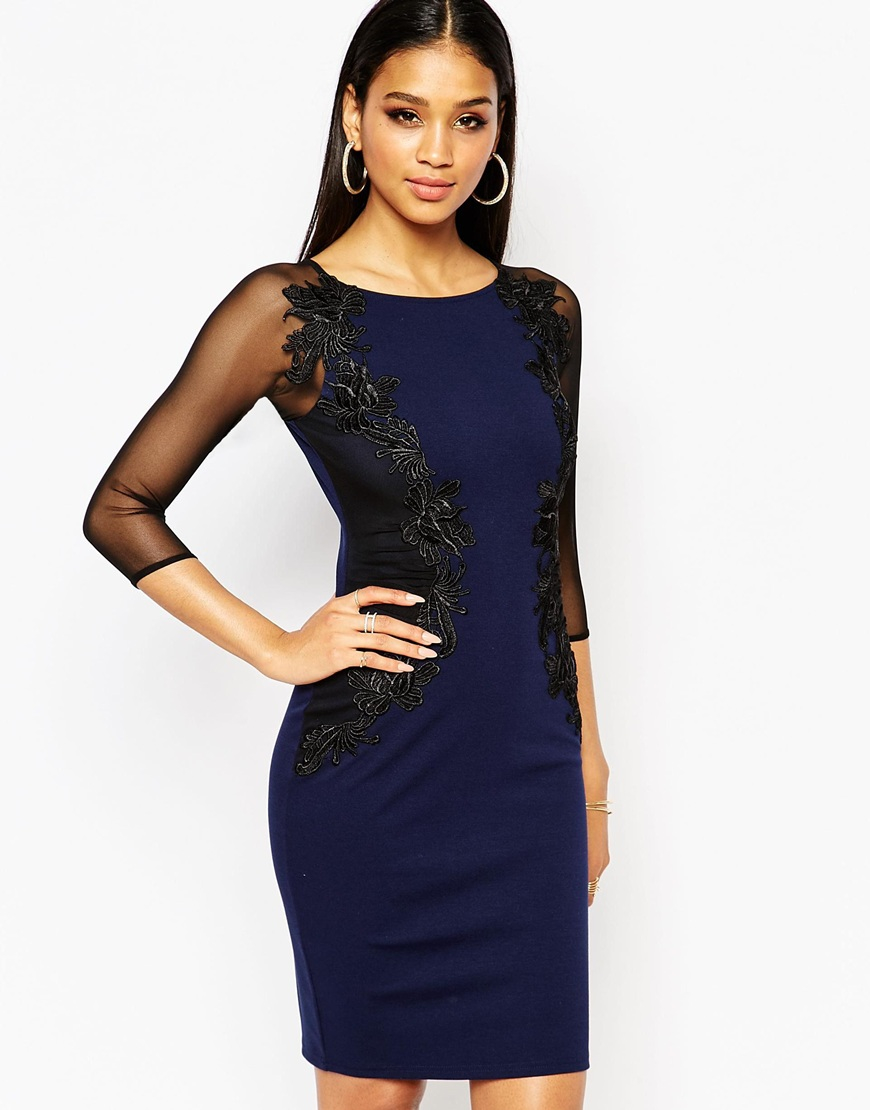 Lipsy Lace Applique Bodycon Dress With Sheer Sleeve in Blue | Lyst