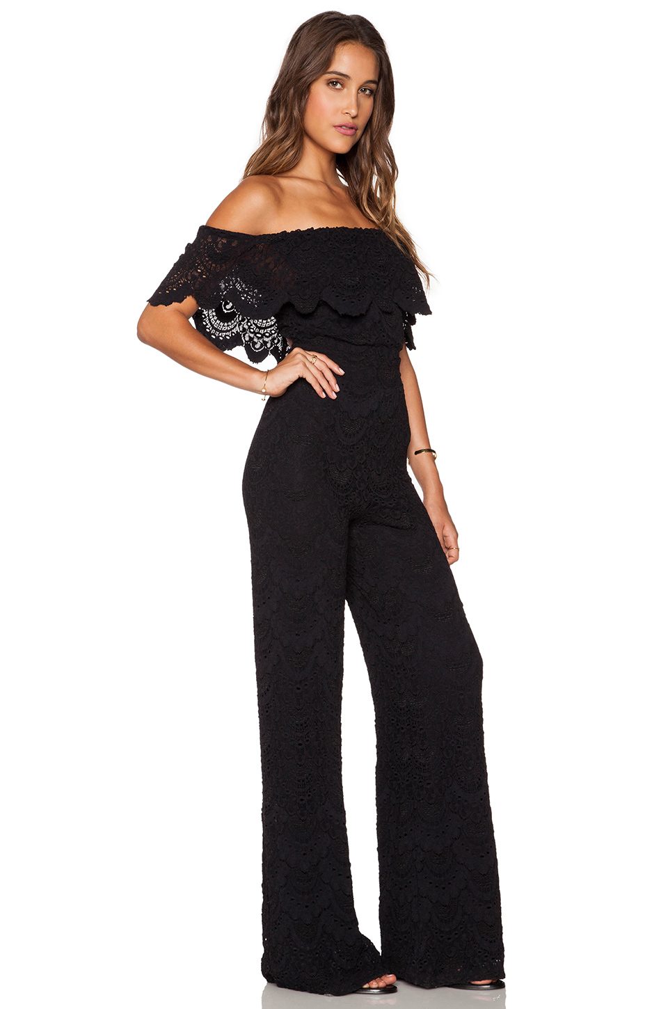 black lace off the shoulder jumpsuit