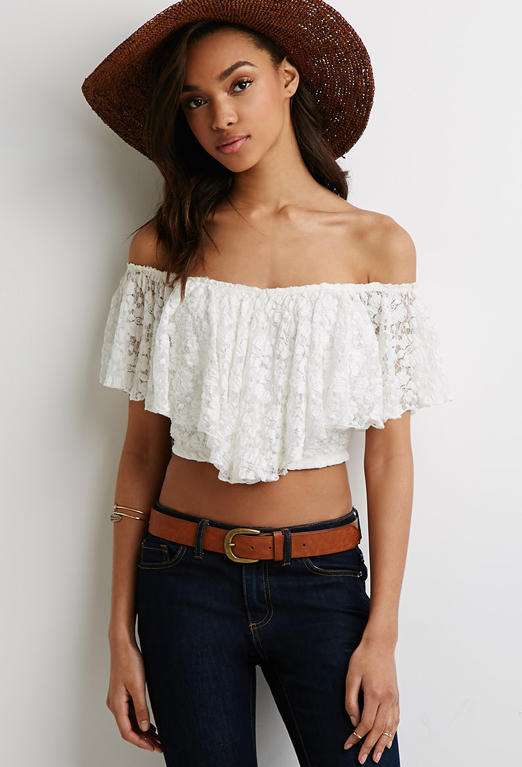 Forever 21 Off-the-shoulder Lace Crop Top You've Been Added To The Waitlist  in White | Lyst
