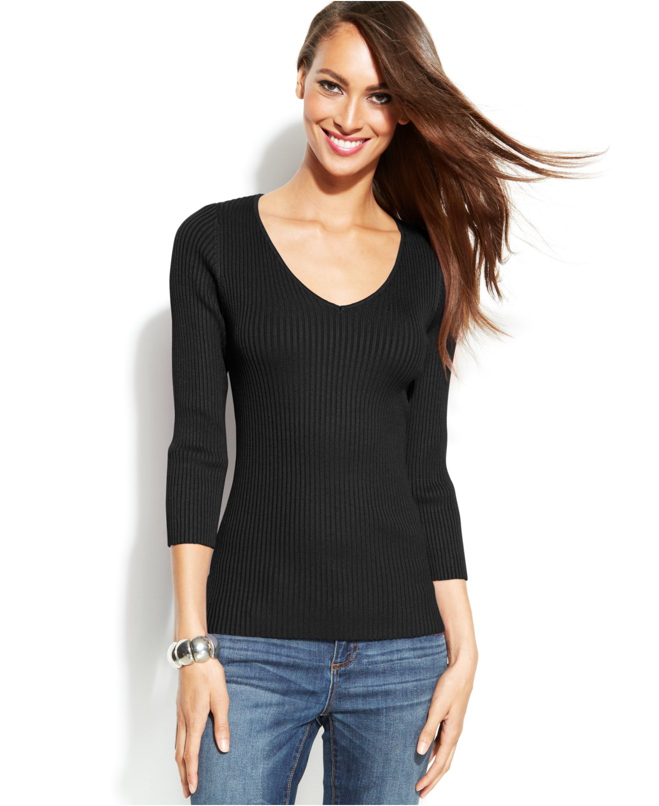 Lyst Inc international concepts RibbedKnit VNeck Sweater in Black