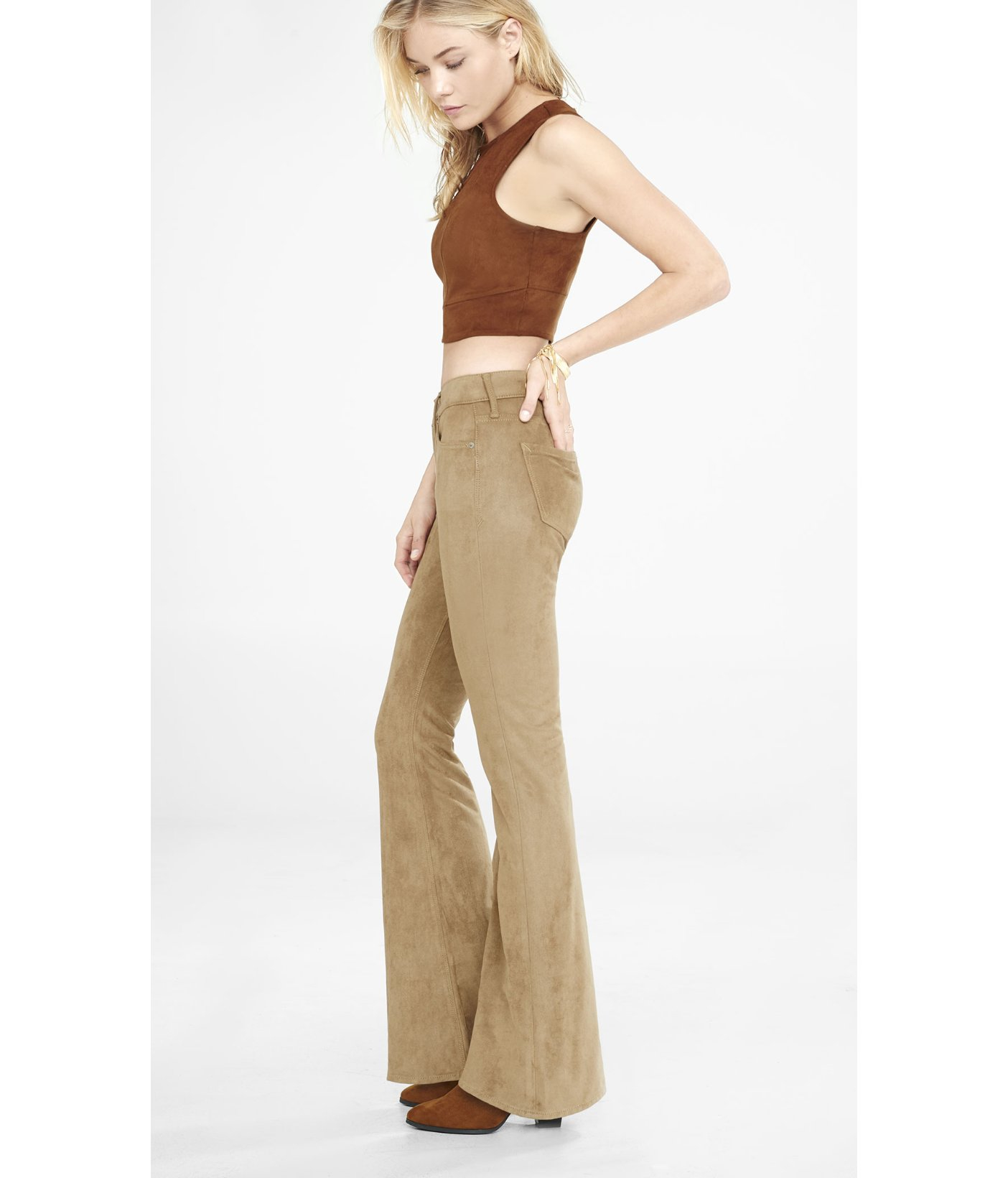 Express Pants Bell Flare Size 0 Reg Mid Rise Faux Suede Camel Inseam 34 NWT $98
