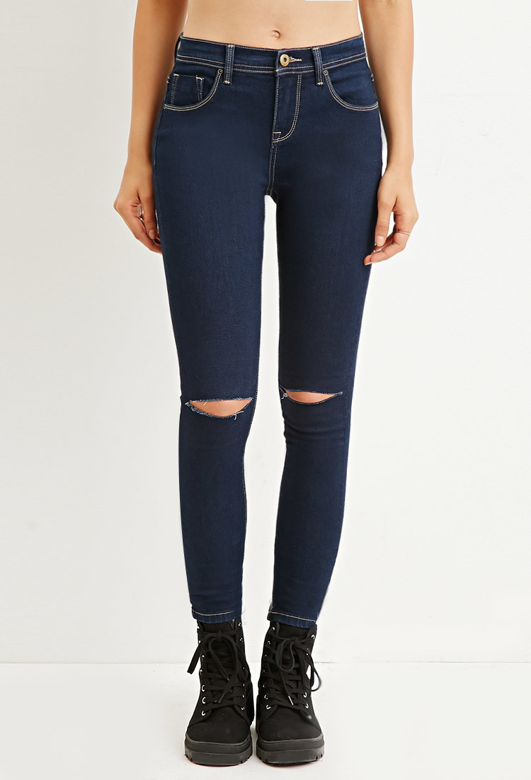 Forever 21 Distressed Skinny Ankle Jeans in Blue (DARK DENIM) | Lyst