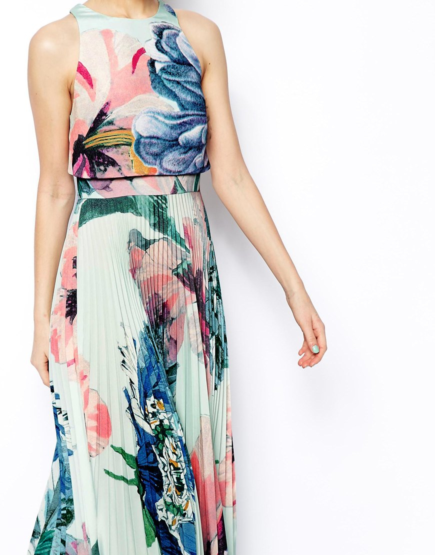 pleated crop top maxi dress