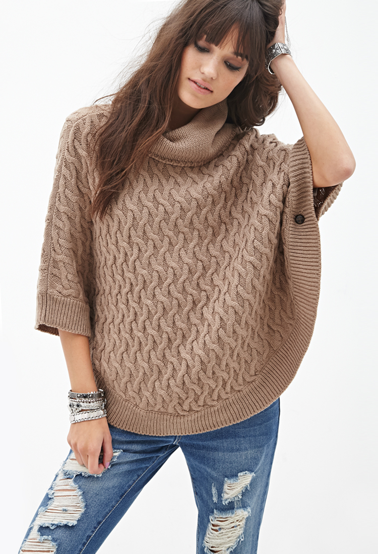 Forever 21 Synthetic Cable Knit Poncho in Taupe (Brown) - Lyst