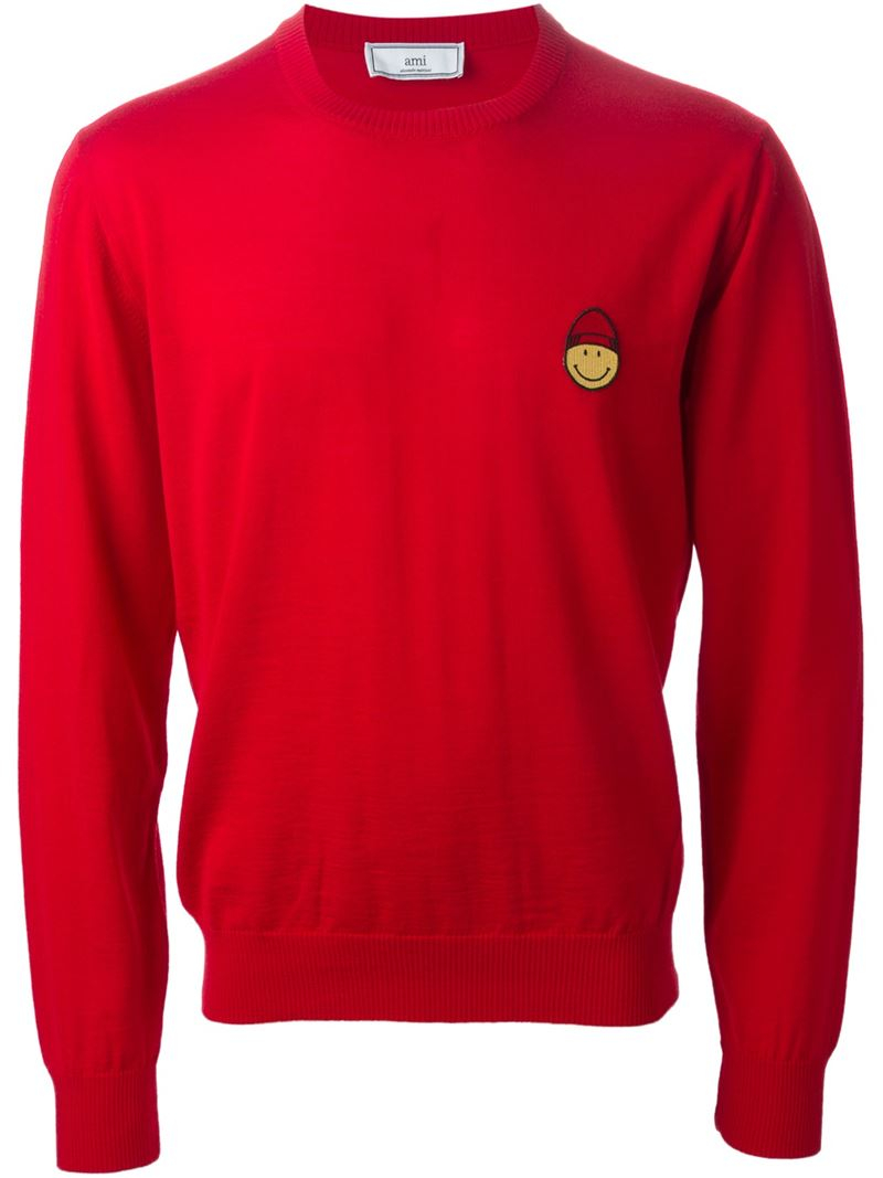 AMI Smiley Face Appliqué Sweater in Red for Men - Lyst