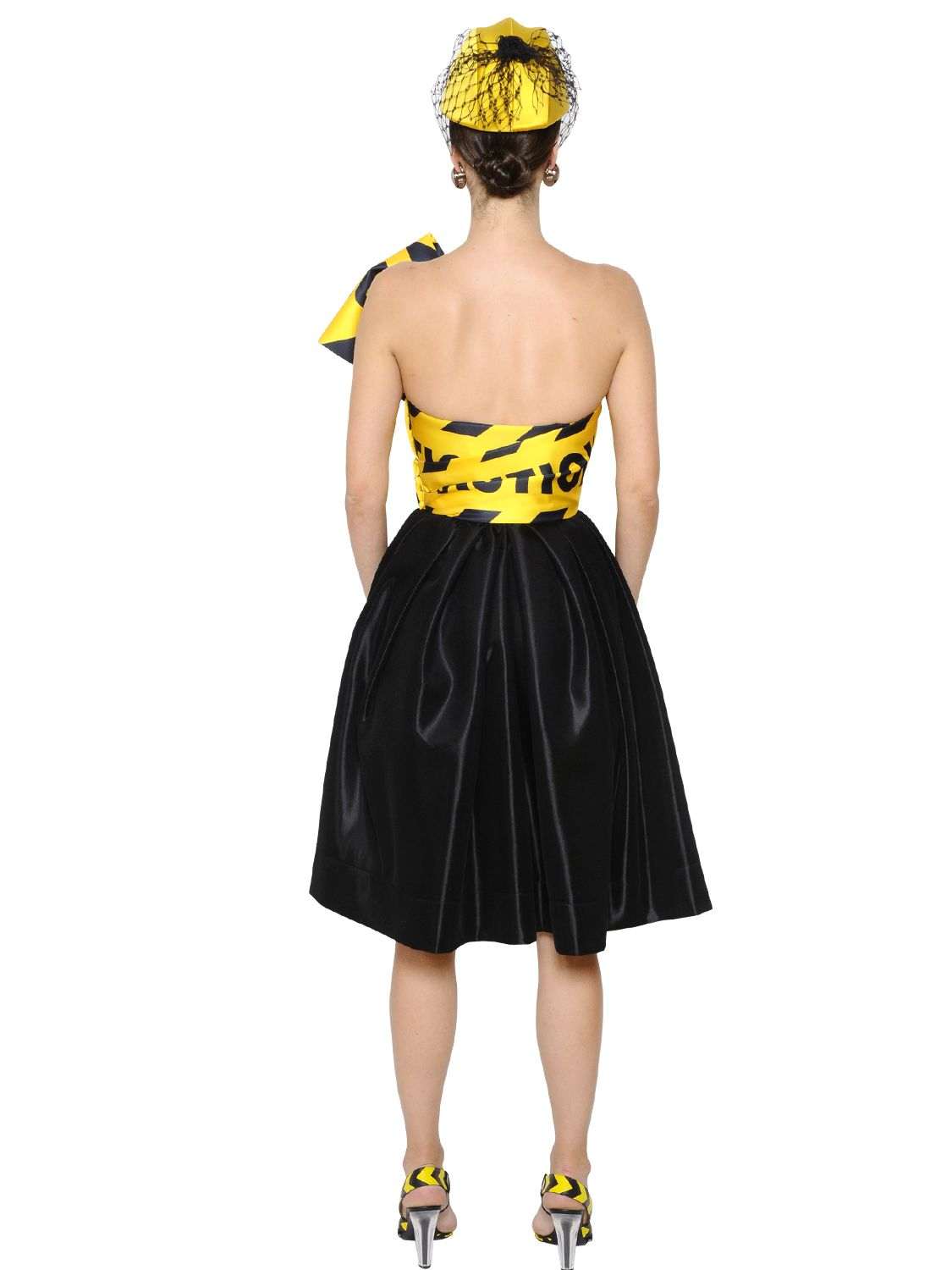 Moschino Caution Tape Printed Bow Satin Dress in Yellow (BLACK/YELLOW