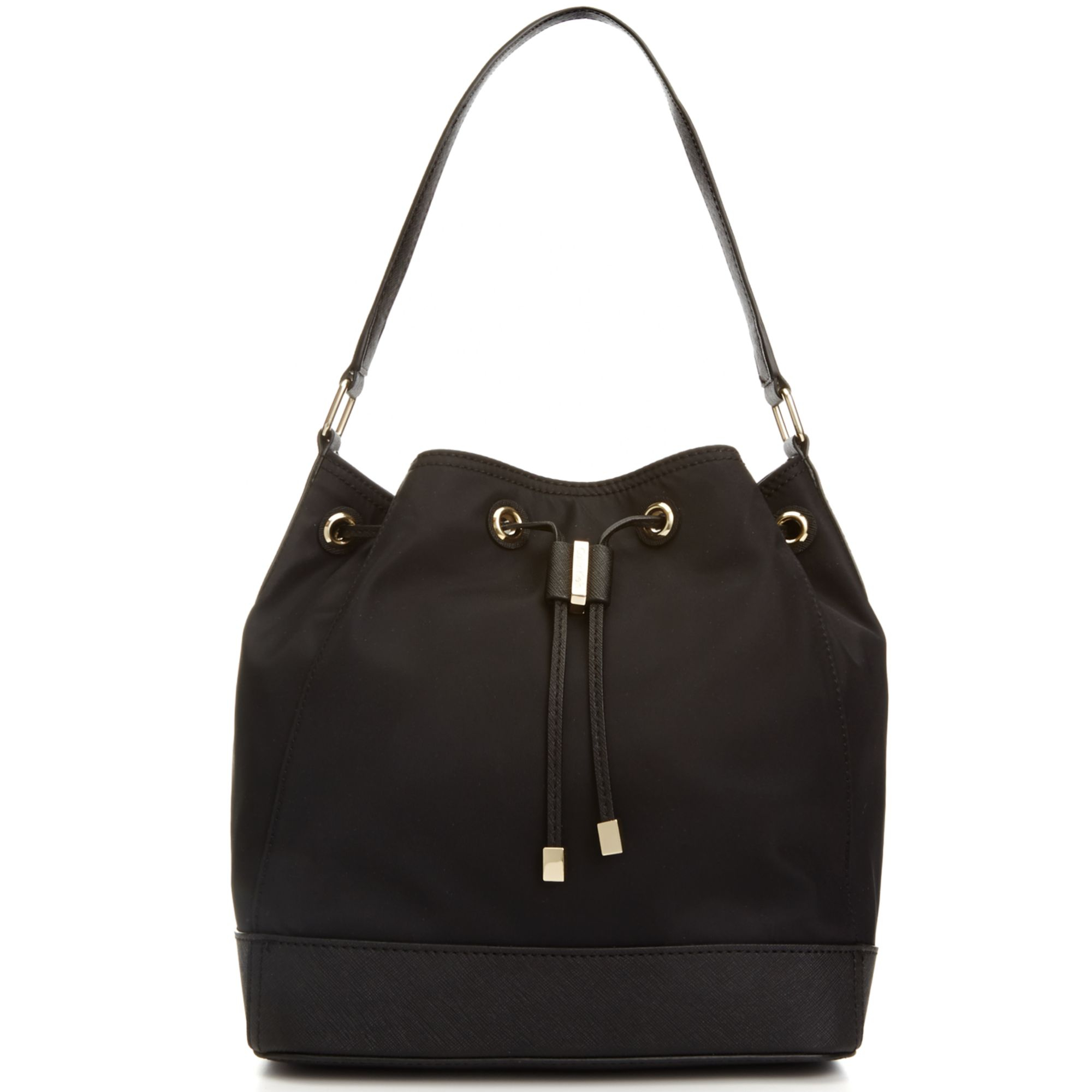 Calvin Klein Key Item Drawstring Bucket Bag In Black Gold