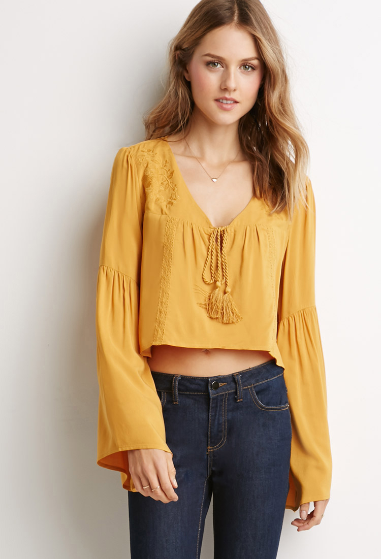 Lyst - Forever 21 Embroidered Bell-sleeve Peasant Top in Yellow