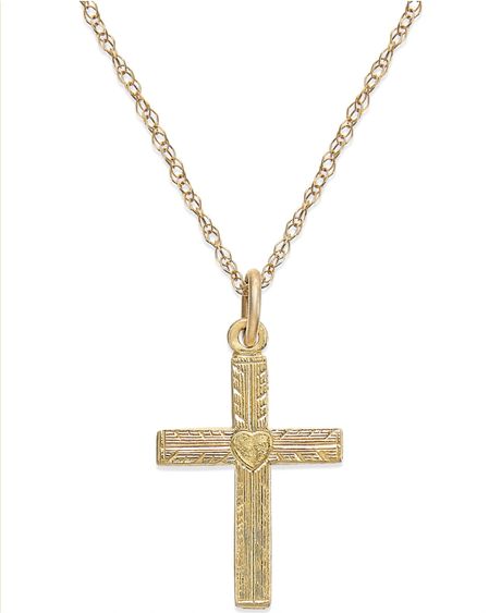 Macy's Us Engraved Heart Cross Pendant Necklace In 14K Gold in Gold