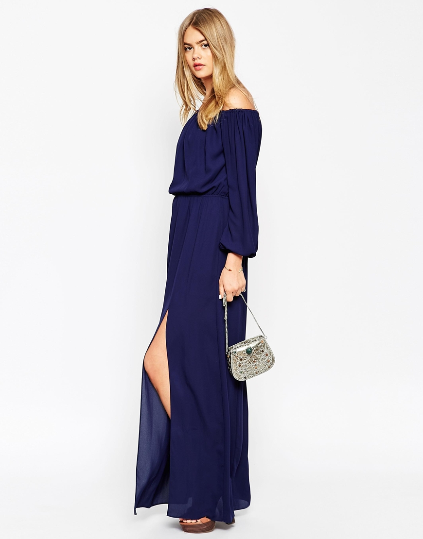 ASOS Off The Shoulder Maxi Dress in Navy (Blue) - Lyst
