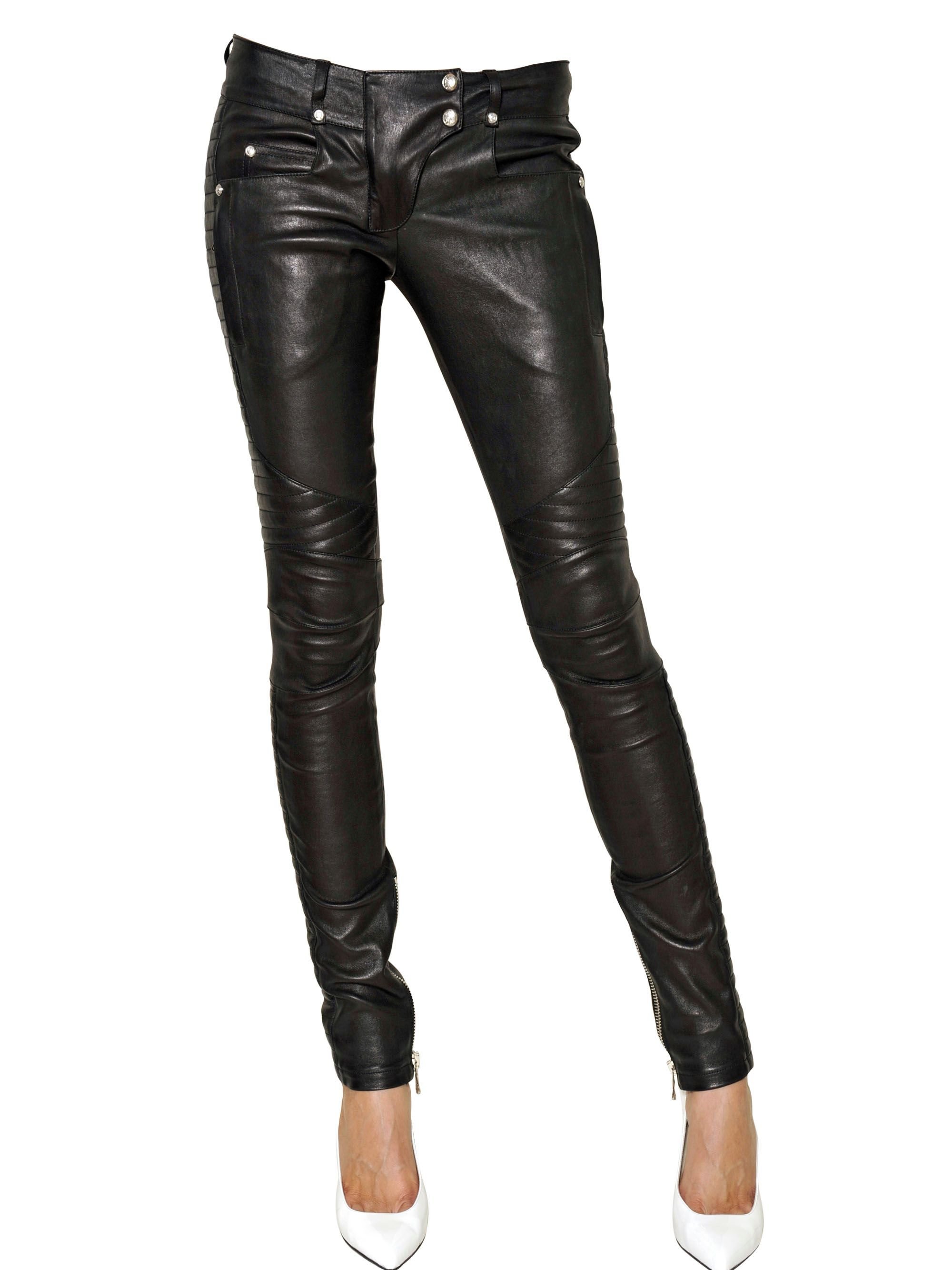 Balmain Leather Stretch Biker Trousers in Black |