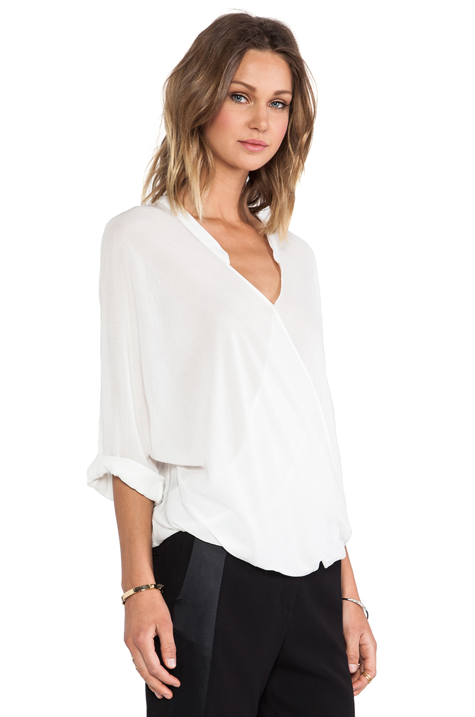Halston 3/4 Sleeve Drape Front Blouse in White | Lyst