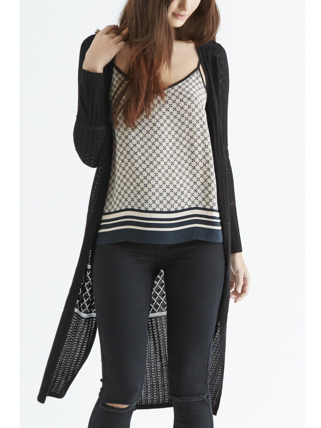 Oasis Long Pointelle Cardigan in Black 