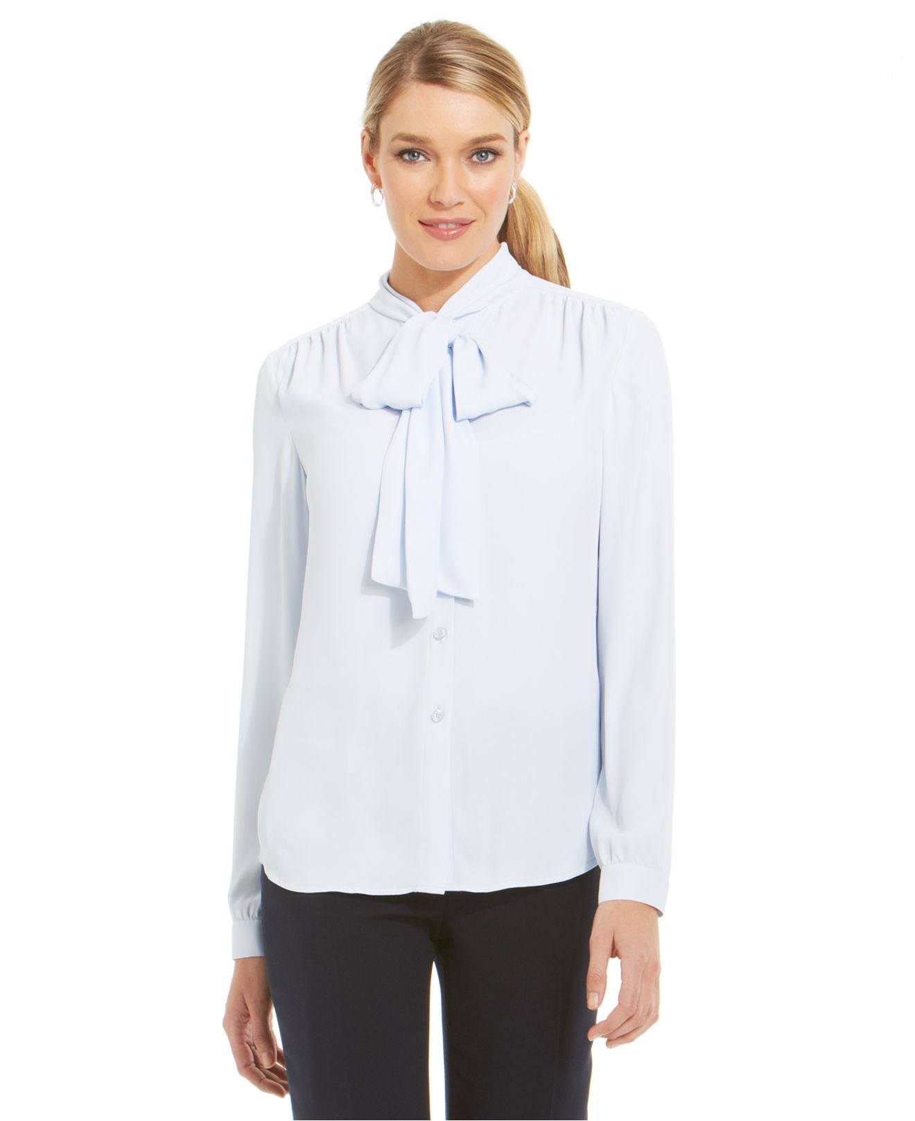 Jones new york Collection Gathered-Shoulder Bow-Neck Blouse in Blue ...