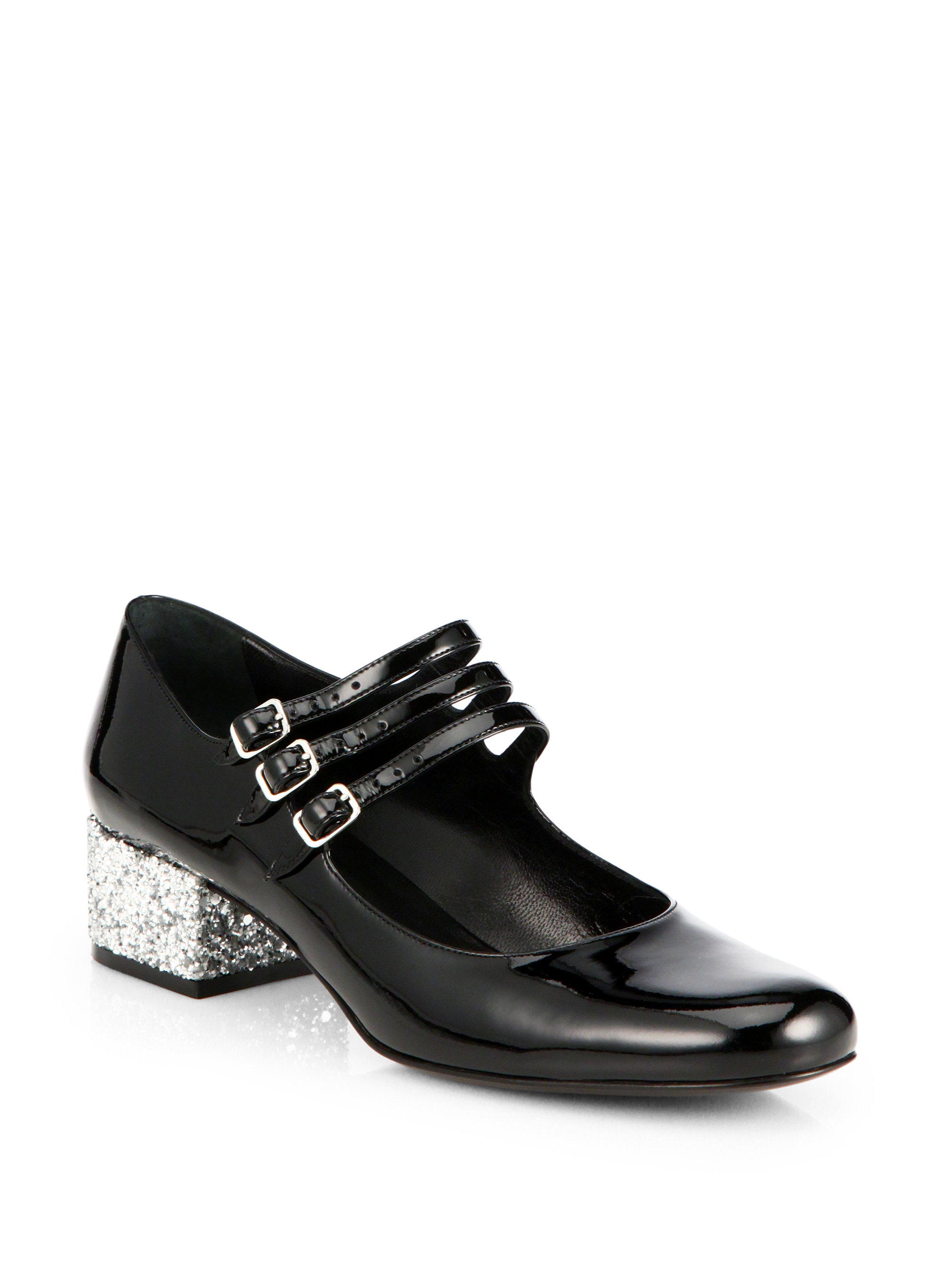 Saint Laurent Glitter-Heel Patent Leather Mary Jane Pumps in