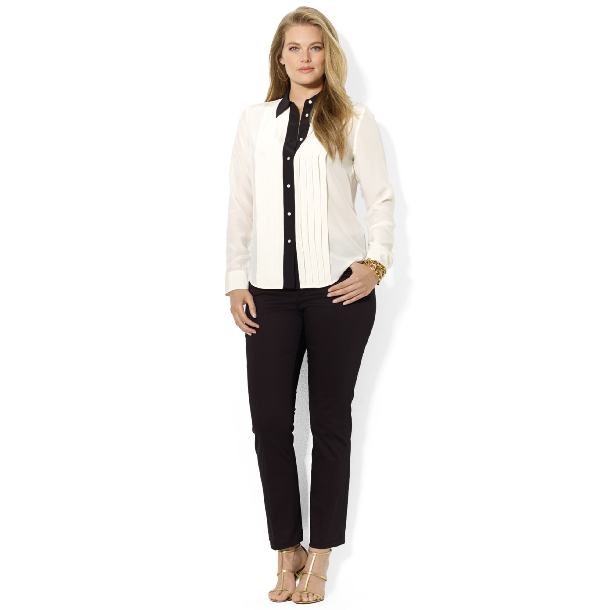 Lauren by Ralph Lauren Plus Size Colorblocked Silk Tuxedo Shirt in  Pearl/Black (White) | Lyst