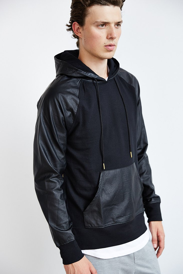 The Narrows Faux-Leather Hooded Sweatshirt in Black for Men | Lyst